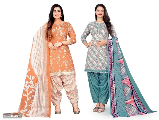 Elegant Multicoloured Cotton Printed Dress Material with Dupatta For Women Pack of 2