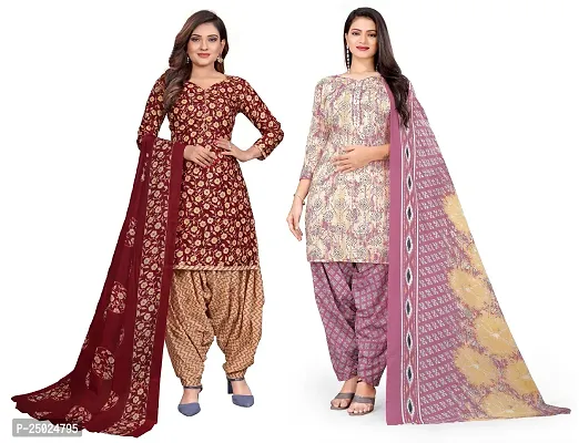 Elegant Multicoloured Cotton Printed Dress Material with Dupatta For Women Pack of 2