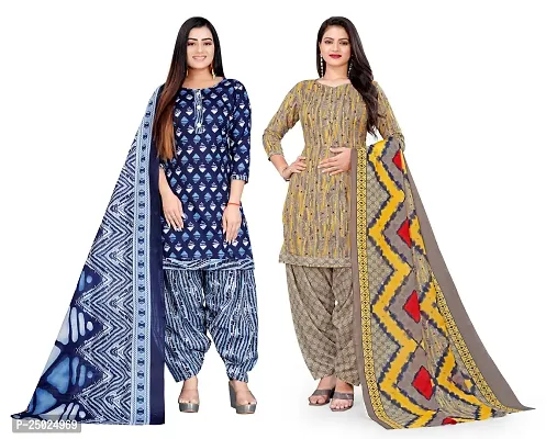 Elegant Multicoloured Cotton Printed Dress Material with Dupatta For Women Pack of 2