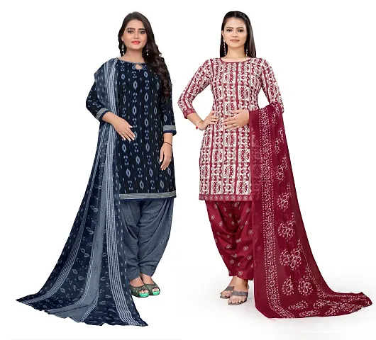 Elegant Crepe Floral Print Dress Material With Dupatta For Women, Pack Of 2