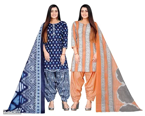 Elegant Multicoloured Cotton Printed Dress Material with Dupatta For Women Pack of 2