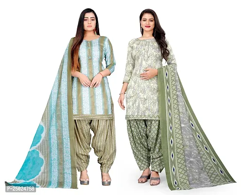 Elegant Multicoloured Cotton Printed Dress Material with Dupatta For Women Pack of 2