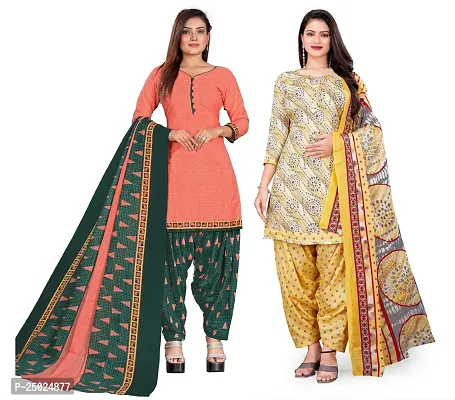 Elegant Multicoloured Cotton Printed Dress Material with Dupatta For Women Pack of 2-thumb0