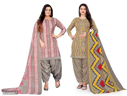 Elegant Multicoloured Cotton Printed Dress Material with Dupatta For Women Pack of 2