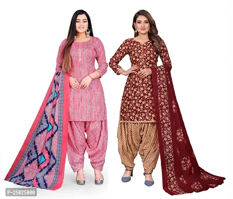 Elegant Multicoloured Cotton Printed Dress Material with Dupatta For Women Pack of 2