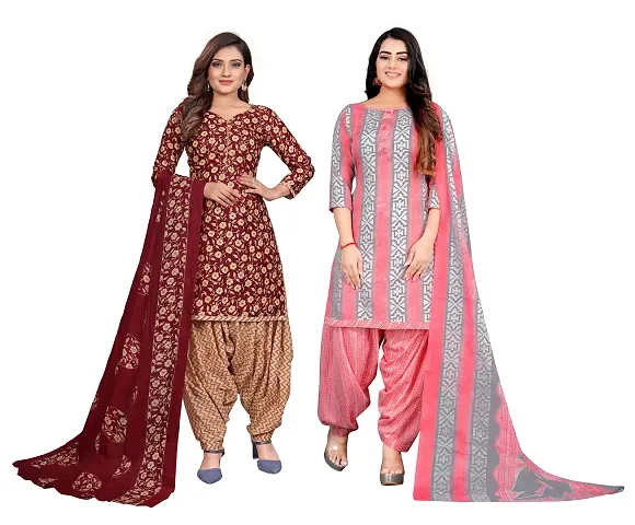 Elegant Floral Print Dress Material with Dupatta For Women Combo Of 2