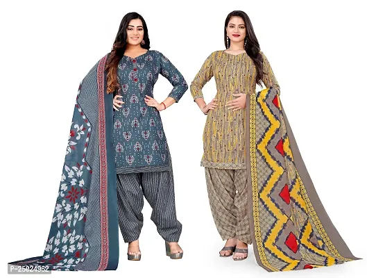 Elegant Multicoloured Cotton Printed Dress Material with Dupatta For Women Pack of 2-thumb0