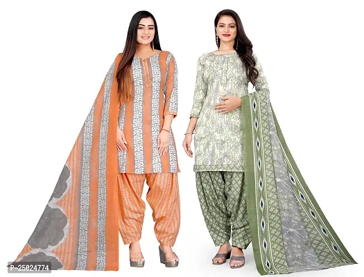 Elegant Multicoloured Cotton Printed Dress Material with Dupatta For Women Pack of 2