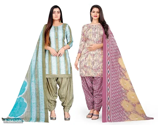 Elegant Multicoloured Cotton Printed Dress Material with Dupatta For Women Pack of 2