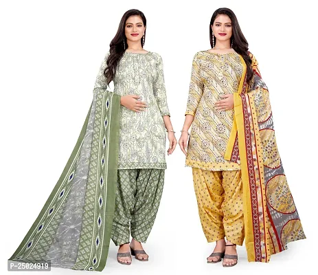 Elegant Multicoloured Cotton Printed Dress Material with Dupatta For Women Pack of 2-thumb0