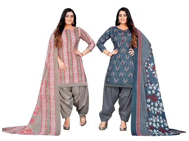 Elegant Floral Print Dress Material with Dupatta For Women Combo Of 2