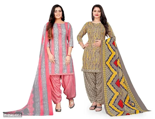 Elegant Multicoloured Cotton Printed Dress Material with Dupatta For Women Pack of 2