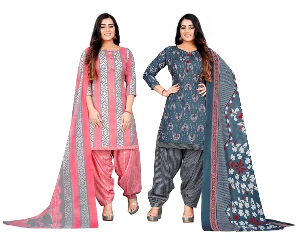 Elegant Floral Print Dress Material with Dupatta For Women Combo Of 2