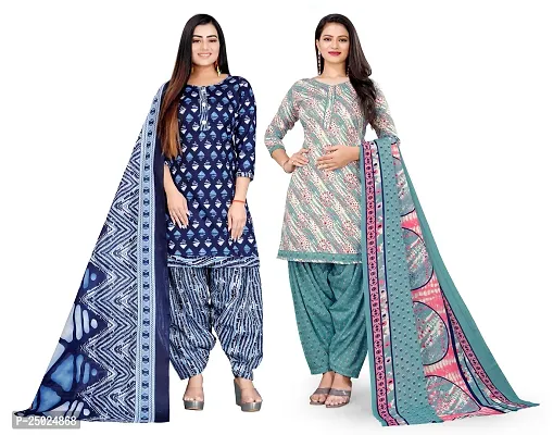 Elegant Multicoloured Cotton Printed Dress Material with Dupatta For Women Pack of 2