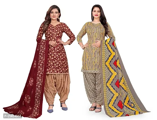 Elegant Multicoloured Cotton Printed Dress Material with Dupatta For Women Pack of 2