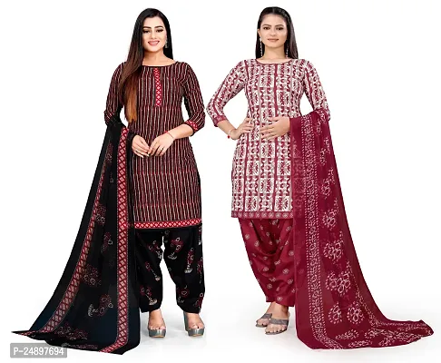 Elegant Multicoloured Crepe Floral Print Dress Material With Dupatta For Women, Pack Of 2