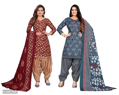 Elegant Multicoloured Cotton Floral Print Dress Material with Dupatta For Women Combo Of 2