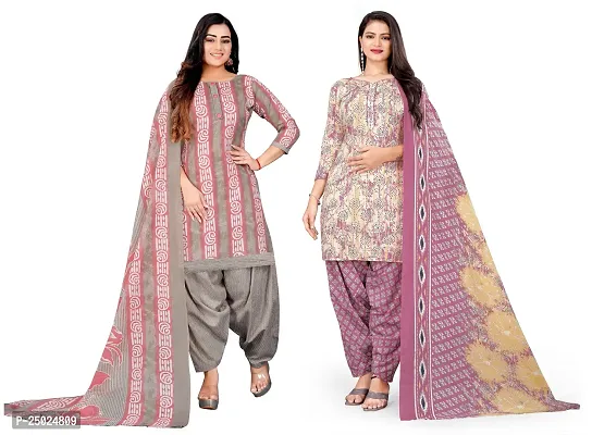 Elegant Multicoloured Cotton Printed Dress Material with Dupatta For Women Pack of 2-thumb0