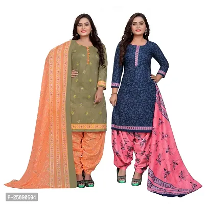 Elegant Multicoloured Cotton Floral Print Dress Material with Dupatta For Women Pack Of 2-thumb0
