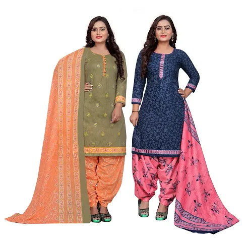 Stylish Multicoloured Cotton Floral Printed Dress Material With Dupatta - Pack Of 2