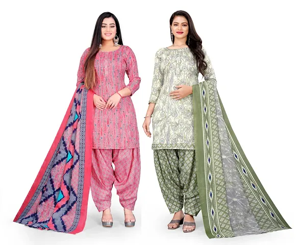 Elegant Cotton Floral Print Dress Material with Dupatta - Pack Of 2