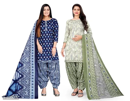 Elegant Multicoloured Cotton Printed Dress Material with Dupatta For Women Pack of 2-thumb0