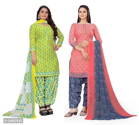 Elegant Multicoloured Crepe Floral Print Dress Material With Dupatta For Women, Pack Of 2