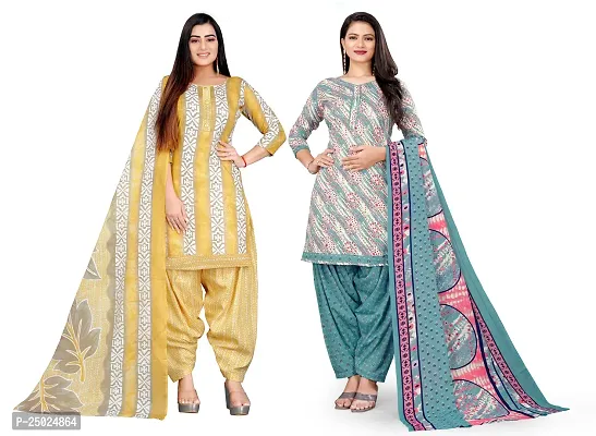 Elegant Multicoloured Cotton Printed Dress Material with Dupatta For Women Pack of 2