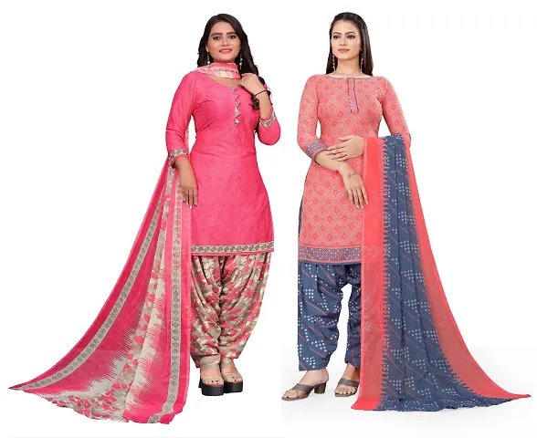 Elegant Crepe Floral Print Dress Material With Dupatta For Women, Pack Of 2