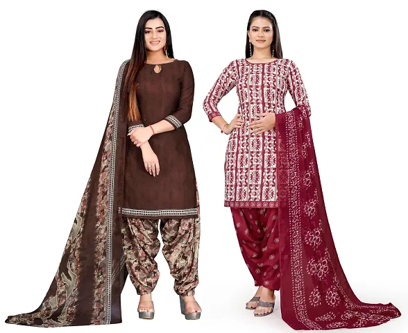 Elegant Crepe Floral Print Dress Material With Dupatta For Women, Pack Of 2