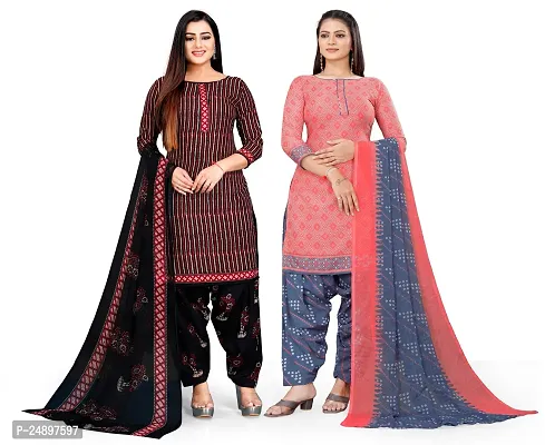 Elegant Multicoloured Crepe Floral Print Dress Material With Dupatta For Women, Pack Of 2