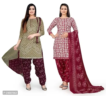 Elegant Multicoloured Crepe Floral Print Dress Material With Dupatta For Women, Pack Of 2