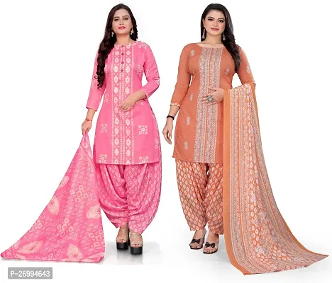 Elegant Multicoloured Cotton Blend Printed Dress Material with Dupatta For Women Pack Of 2-thumb0