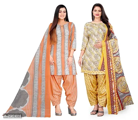 Elegant Multicoloured Cotton Printed Dress Material with Dupatta For Women Pack of 2-thumb0