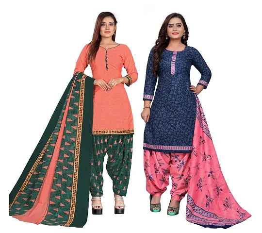 Stylish Multicoloured Cotton Floral Printed Dress Material With Dupatta - Pack Of 2