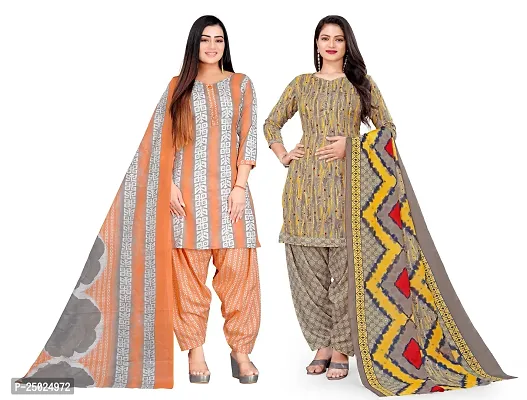 Elegant Multicoloured Cotton Printed Dress Material with Dupatta For Women Pack of 2