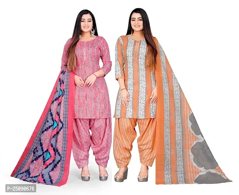 Elegant Multicoloured Cotton Floral Print Dress Material with Dupatta For Women Pack Of 2