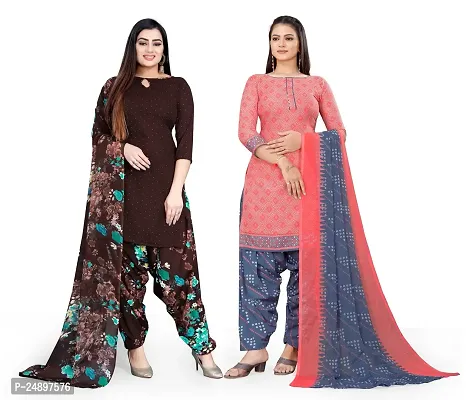 Elegant Multicoloured Crepe Floral Print Dress Material With Dupatta For Women, Pack Of 2