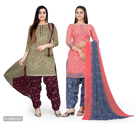 Elegant Multicoloured Crepe Floral Print Dress Material With Dupatta For Women, Pack Of 2