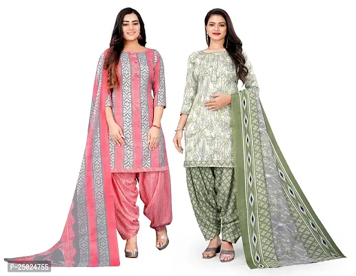 Elegant Multicoloured Cotton Printed Dress Material with Dupatta For Women Pack of 2-thumb0