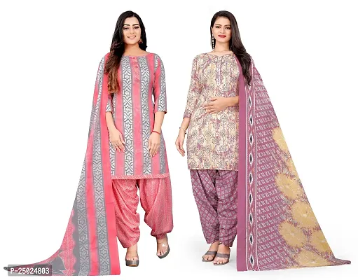 Elegant Multicoloured Cotton Printed Dress Material with Dupatta For Women Pack of 2-thumb0