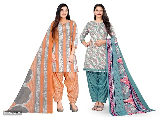 Elegant Multicoloured Cotton Printed Dress Material with Dupatta For Women Pack of 2