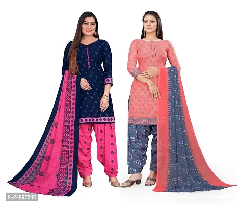 Elegant Multicoloured Crepe Floral Print Dress Material With Dupatta For Women, Pack Of 2