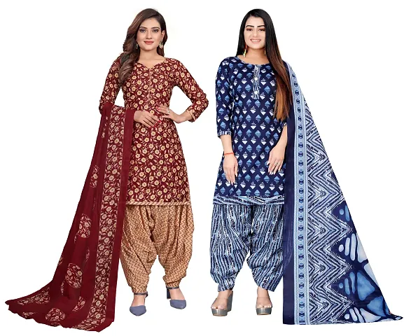 Elegant Floral Print Dress Material with Dupatta For Women Combo Of 2