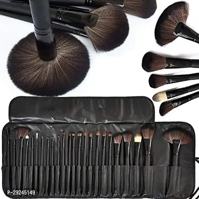 Bristle Makeup Brush Set with Black Leather Case- BLACK, 24 Pieces