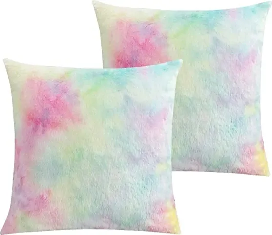 MERIDIAN HANDICRAFTS Ultra Soft Premium & Luxury Faux Fur Tie Dye Rainbow Decorative Cushion Covers