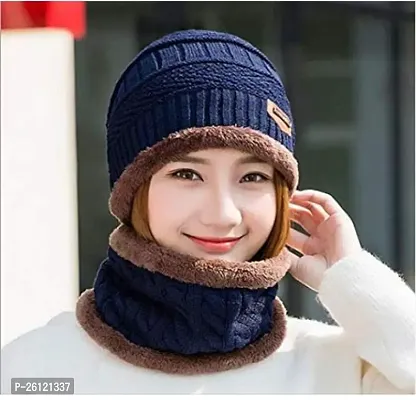 Stylish Navy Blue Unisex Beanie Cap with Neck Warmer Set Knit Hat-thumb0