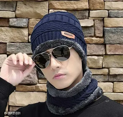 Stylish Navy Blue Beanie Cap with Neck Warmer Set Knit Hat-thumb0