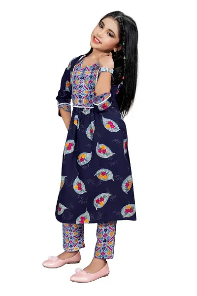 Kaaludii Girl's Printed Cotton Kurti Top and Bottom Ethnic Set Party Wear/Festive Wear/Casual Wear Printed Kurta with Pant Set