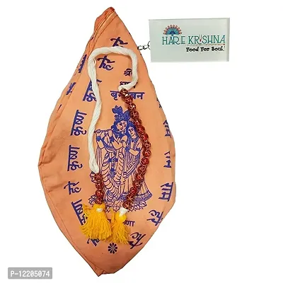 Hare Krishna Food For Soul Orange Printed Bead Bag- Gomukhi Bag-Jaap Mala Bag-Chanting Bag With Sakshi Mala Combo Pack